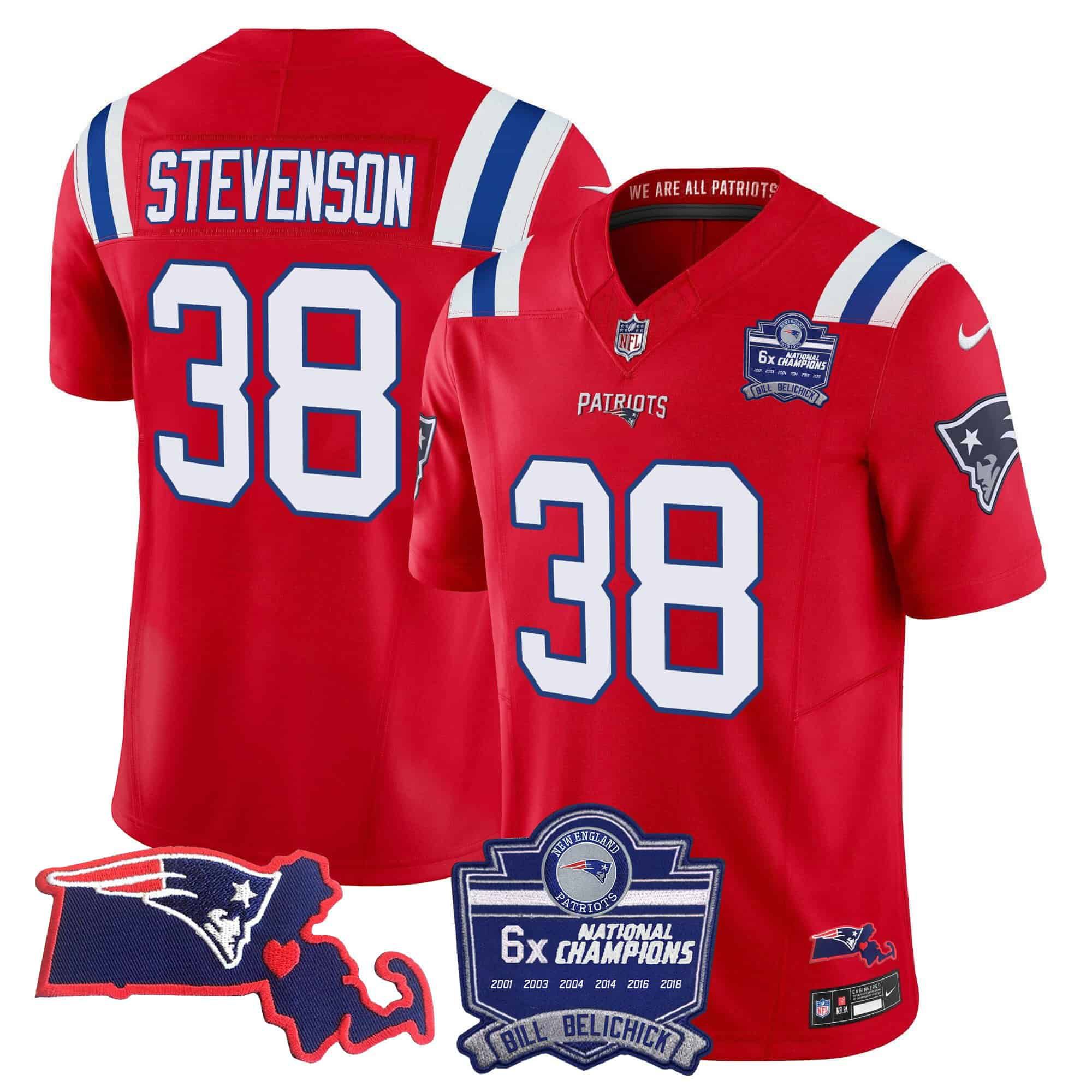 Men New England Patriots 38 Stevenson Red 2024 Nike 6x Champions Patch Vapor Limited NFL Jersey